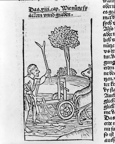 Woodcut showing a farmer ploughing a field by Pietro de